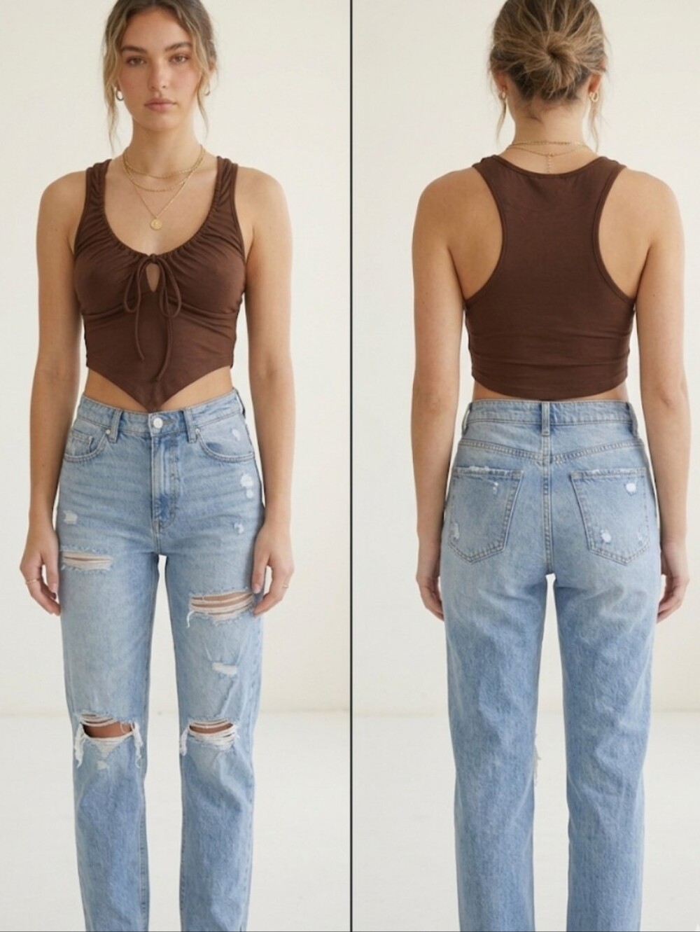 Urban Outfitters Brown Ruched Tie Front Racerback Tank Top Y2K Small